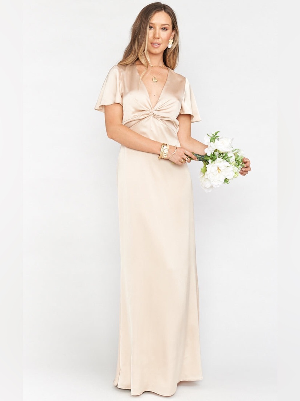 EUC Show Me Your MuMu Champagne Satin Twist-Front Maxi Dress